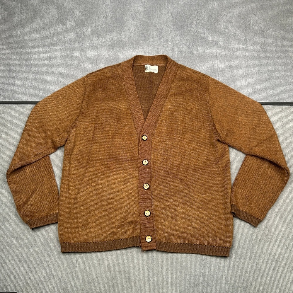 70s Vintage Brown Marled V-Neck Cardigan Sweater Button Front Mexico Mens L